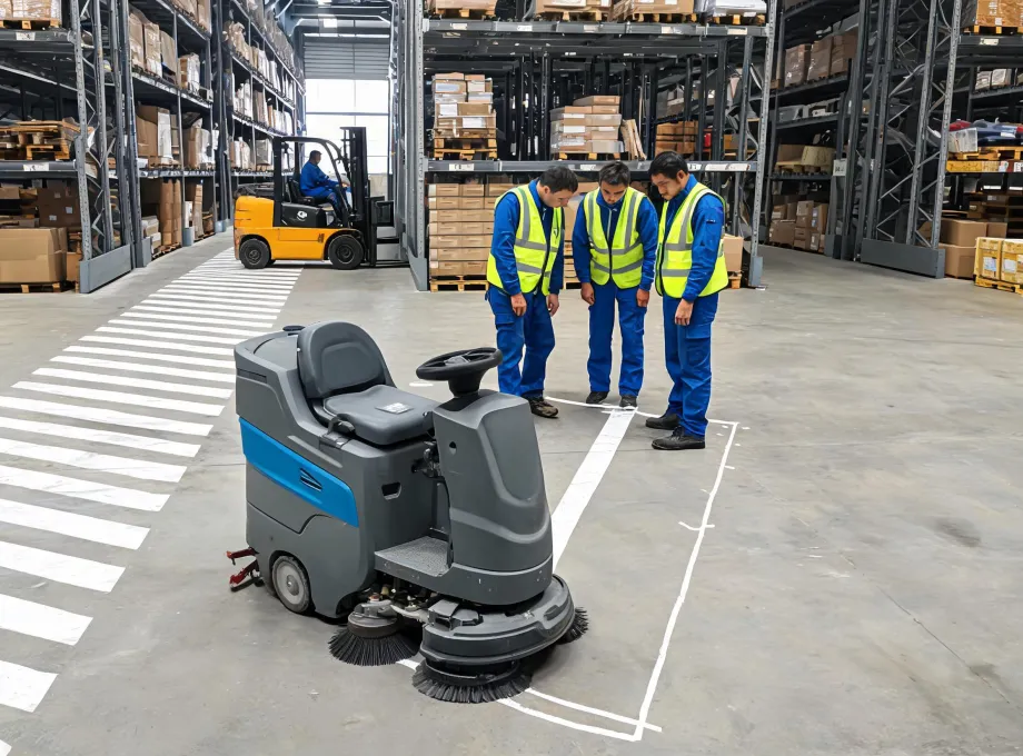 Facility team planning a safe cleaning route around warehouse traffic