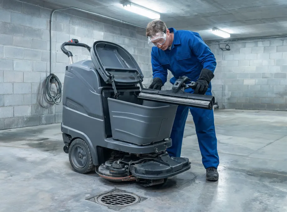 Operator performing end-of-shift floor scrubber inspection