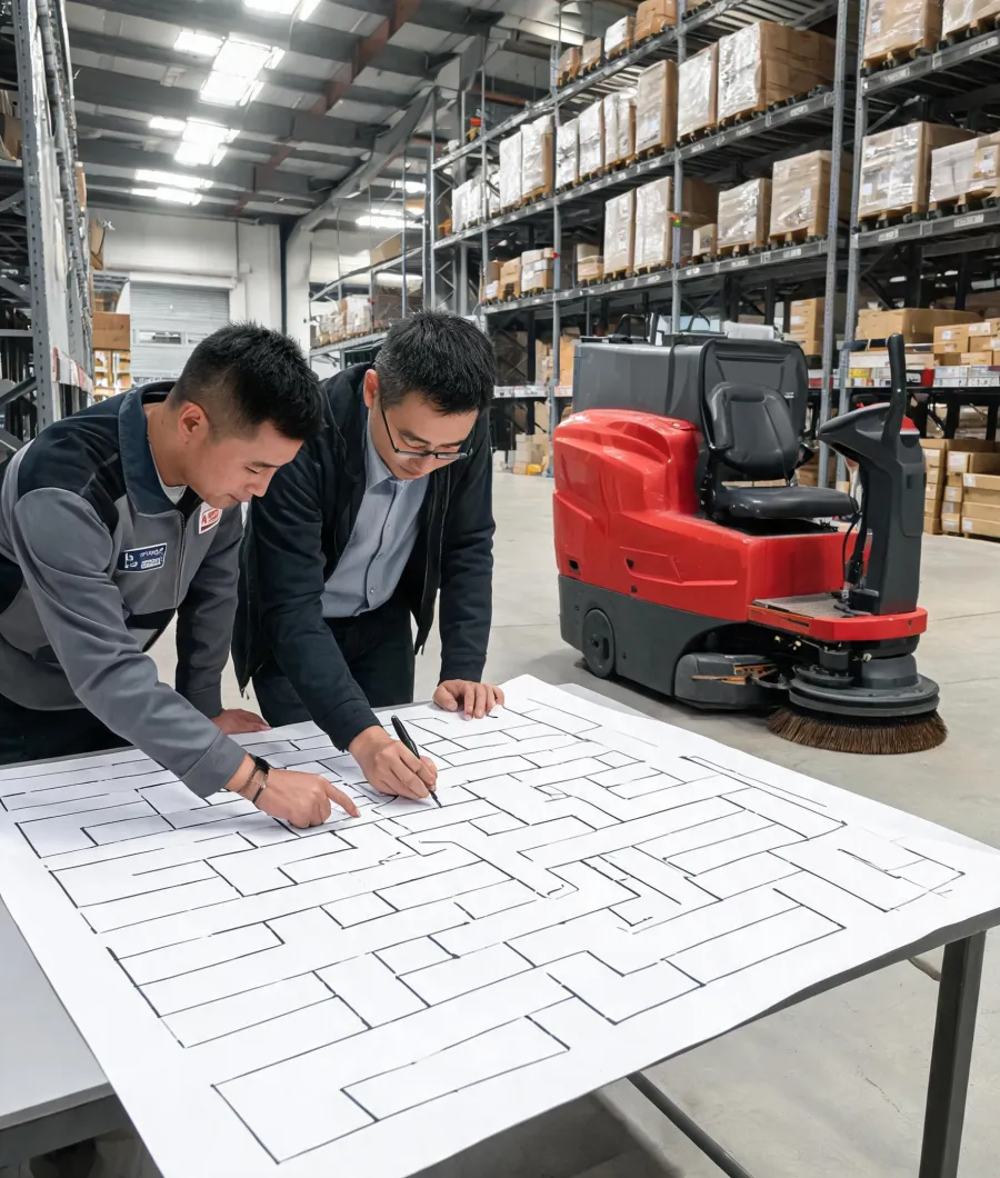 Facility route planning around a professional floor scrubber