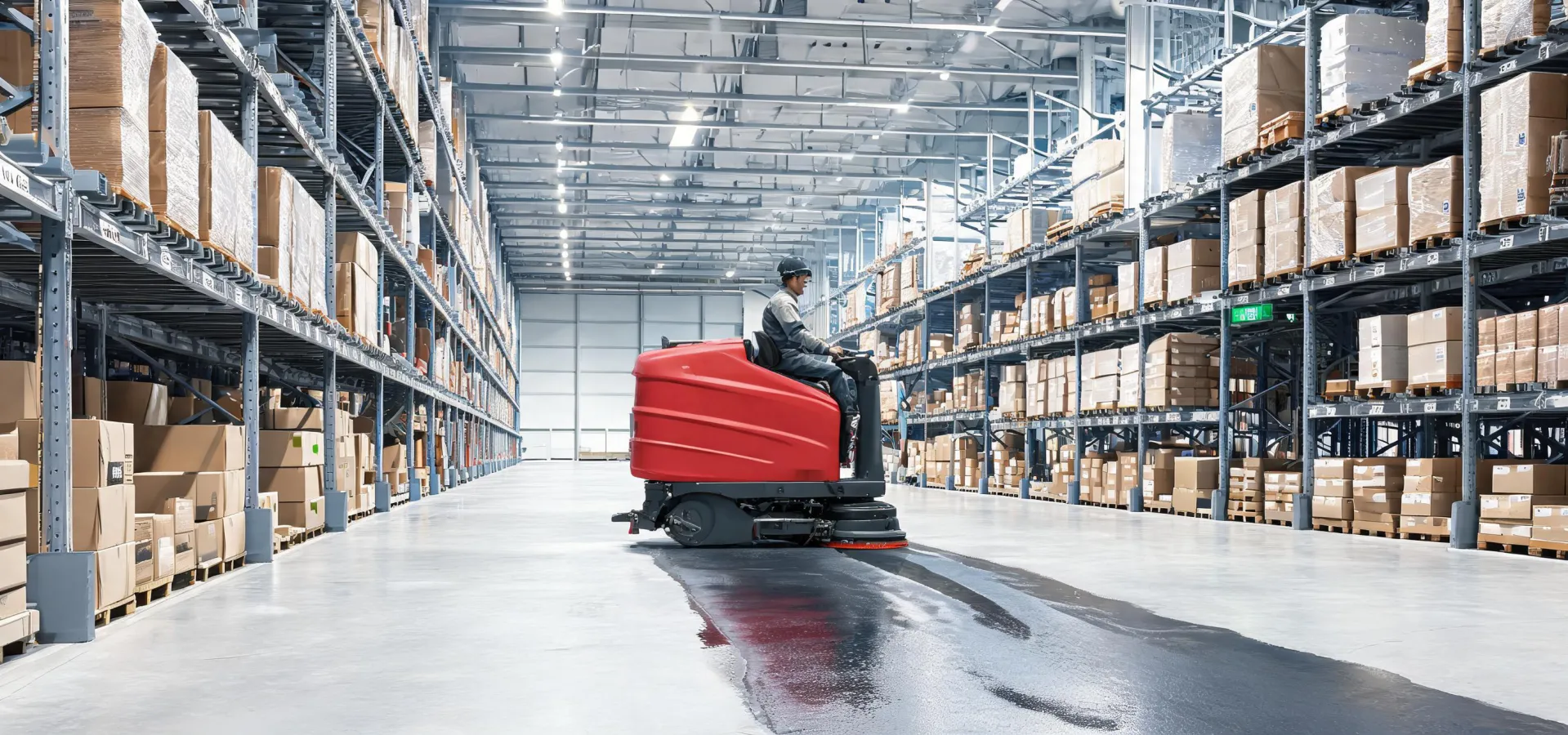 Comac ride-on floor scrubber working across a distribution floor