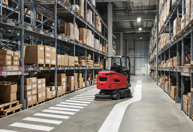 Floor scrubber in a warehouse picking aisle