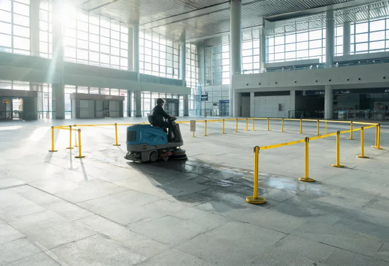 Ride-on scrubber maintaining a public transport concourse