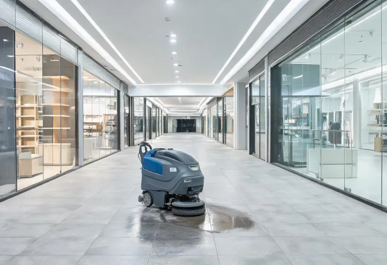 Compact floor scrubber cleaning a retail concourse