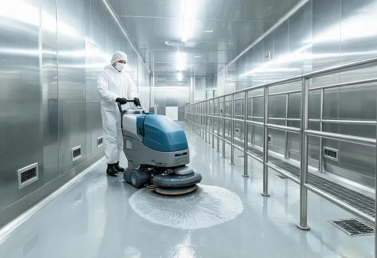 Floor scrubber working in a food production circulation corridor