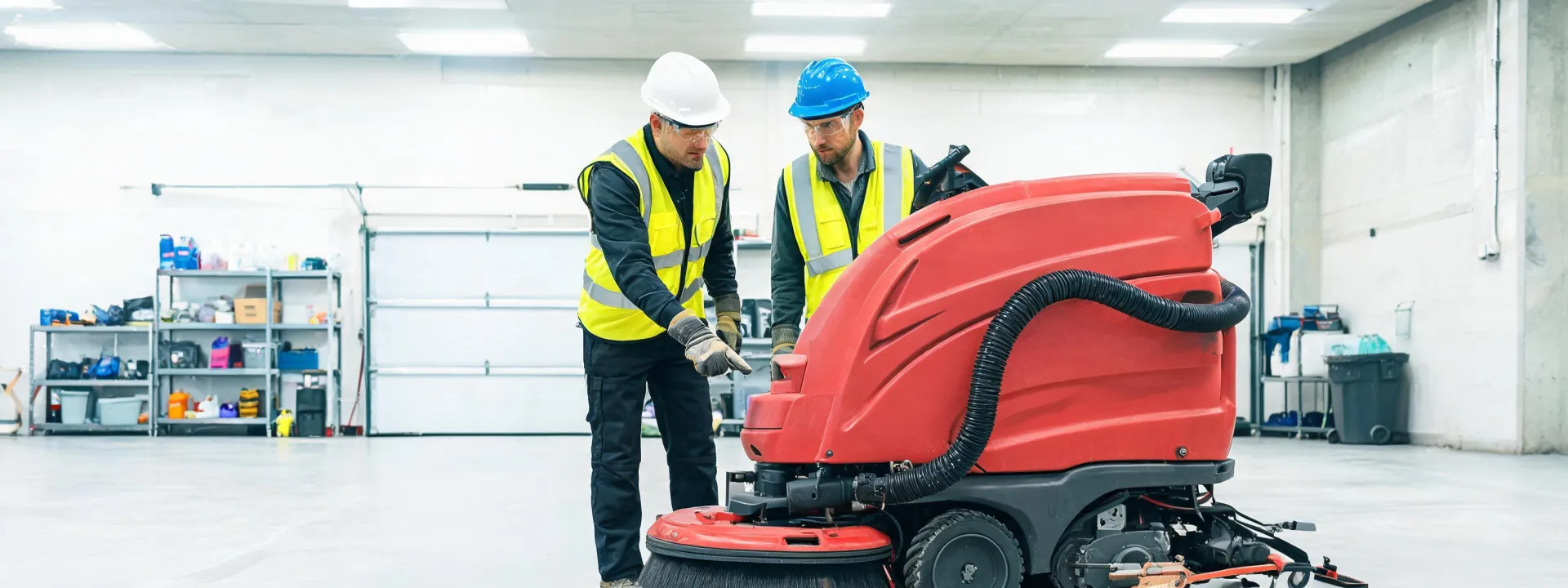 Technician and operator reviewing a floor scrubber service point